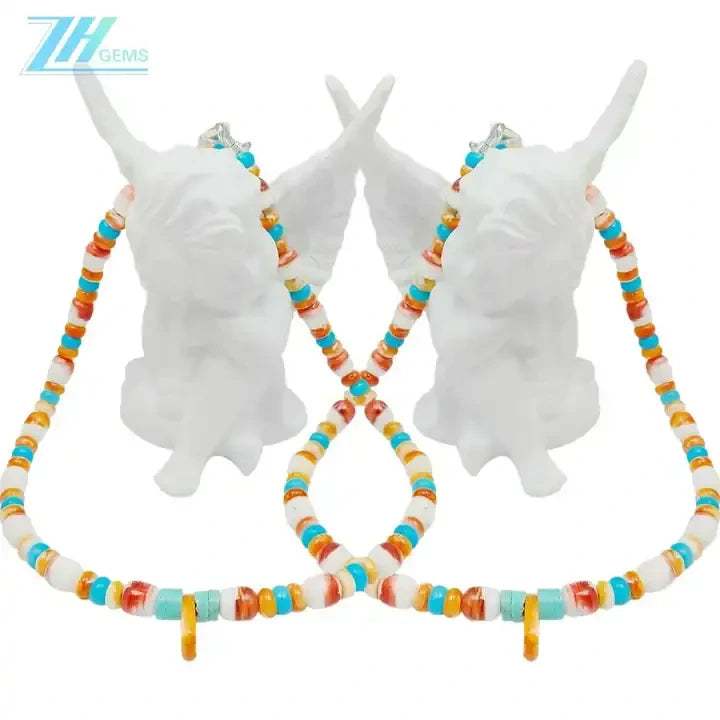 Natural Spiny Oyster Shell With Turquoise and Coral Native American Navajo Style Necklace Southwestern Boho choker